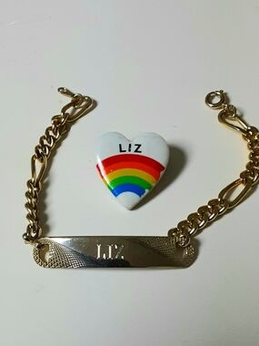 Personalized LIZ Heart Rainbow Pin & Gold Tone Engraved Nameplate Bracelet